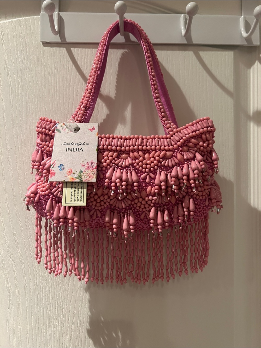 Handcrafted in India Pink Beaded Fringe Mini Bag